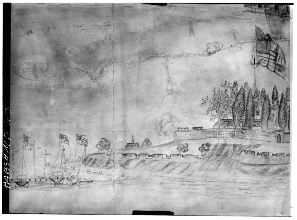 "Bombardment of Fort McHenry" &mdash; John Bower, c. 1814. Hand-coloured aquatint. Public domain.