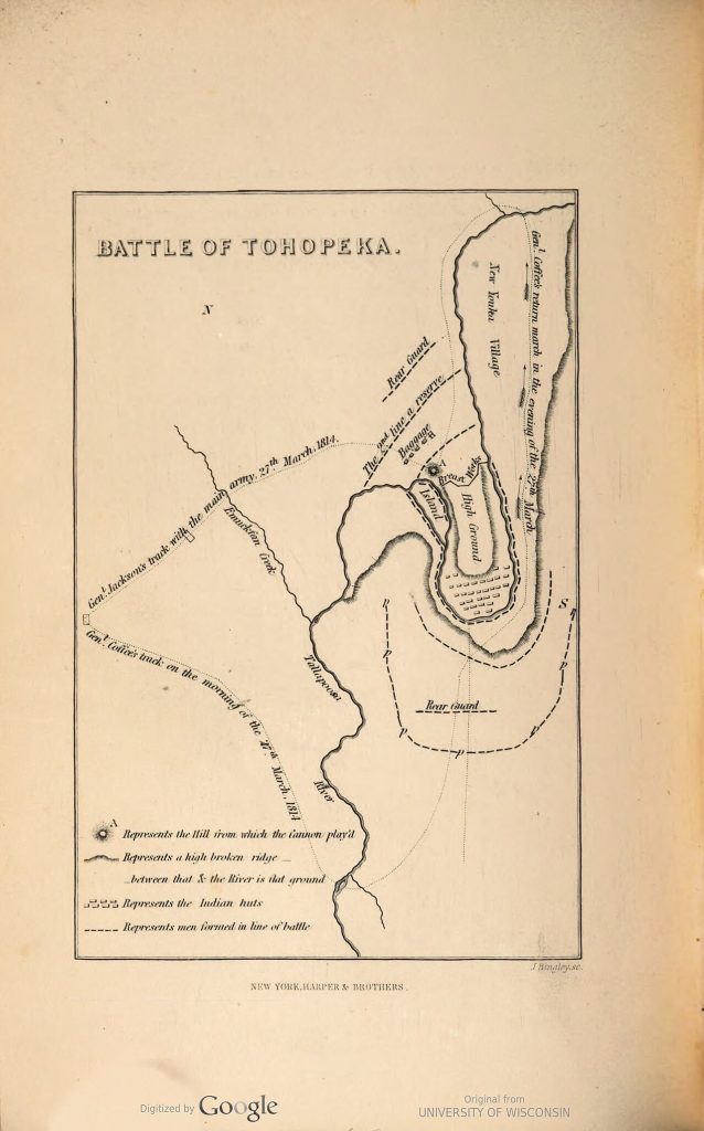 "Battle of Horseshoe Bend" &mdash; unknown artist, c. 1850. Public domain.