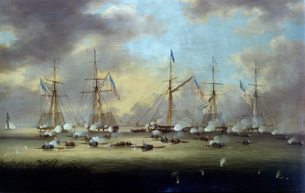 "Battle of Lake Borgne" &mdash; Thomas Lyde Hornbrook, c. 1815. Oil on canvas. Public domain.