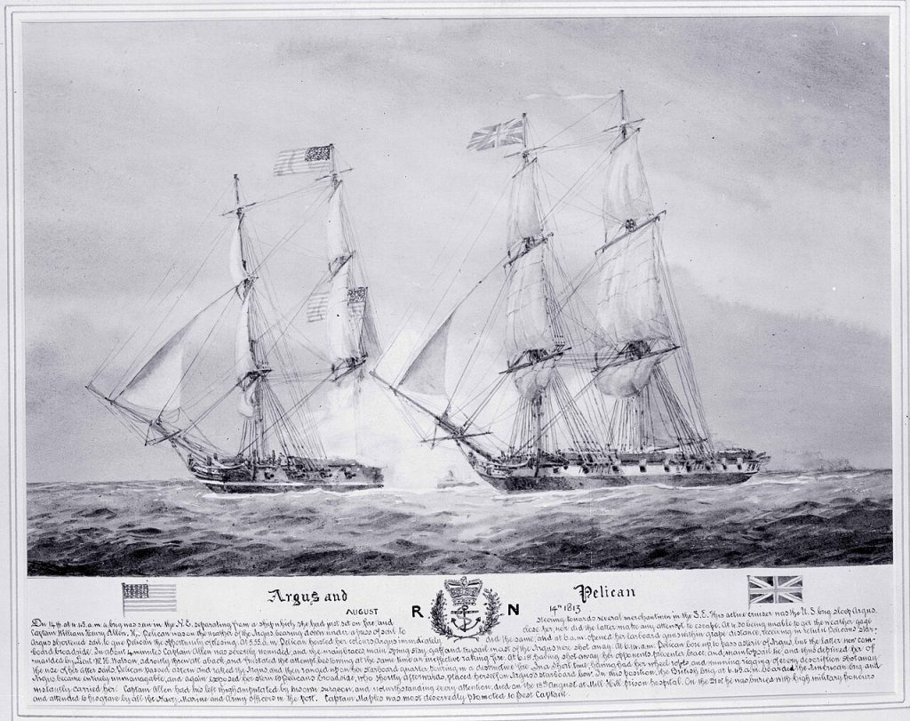 "HMS Pelican capturing USS Argus" &mdash; Thomas Whitcombe, c. 1816. Oil on canvas. Public domain.
