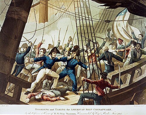 "The Boarding and Taking of the American Ship Chesapeake by the Officers and Crew of HMS Shannon" &mdash; after W. Heath, c. 1813. Hand-coloured engraving. National Maritime Museum, Greenwich. Public domain.