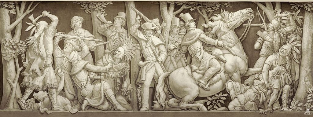 "Battle of the Thames and the Death of Tecumseh" &mdash; lithograph by Nathaniel Currier, c. 1846. Library of Congress. Public domain.